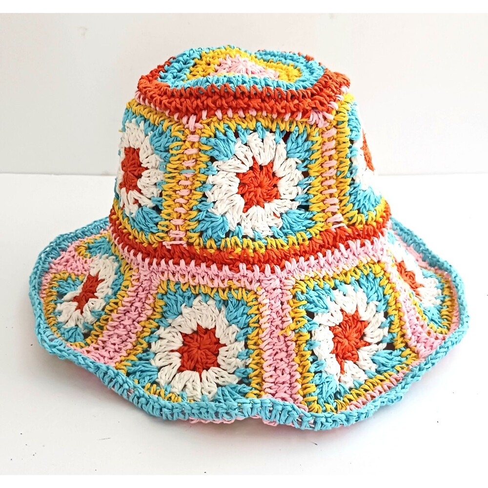 NEW Crochet Straw Bucket Hat Aqua/White/Orange/Pink Granny Squares Wire Brim O/S